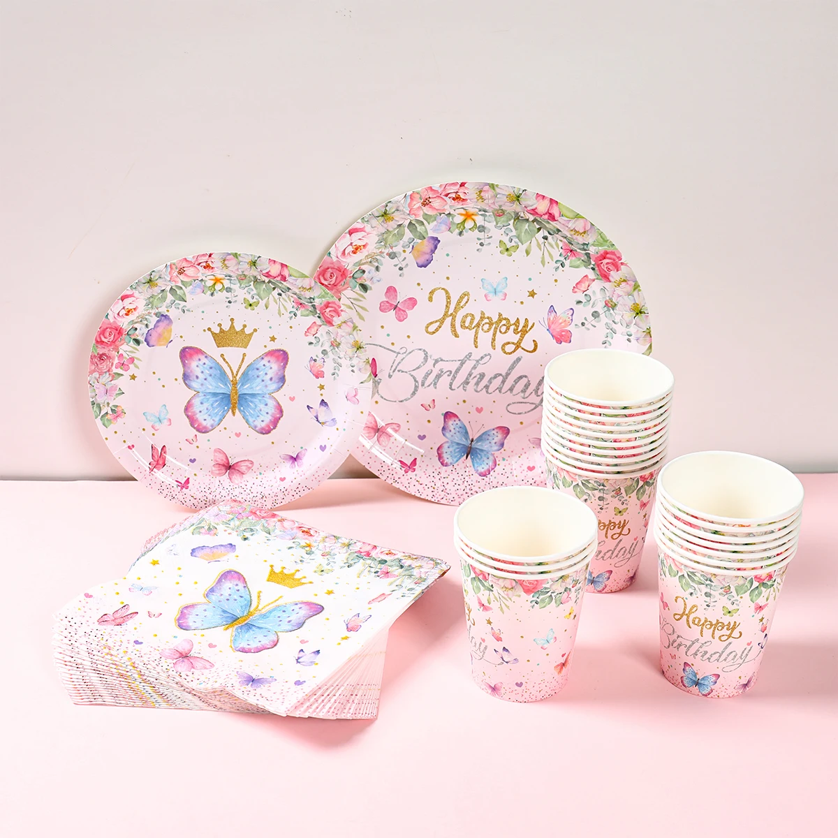 Pink Butterfly party Tableware Happy Butterfly Birthday Party Decorations Kids Girl Baby Shower Butterfly Theme Party Supplies