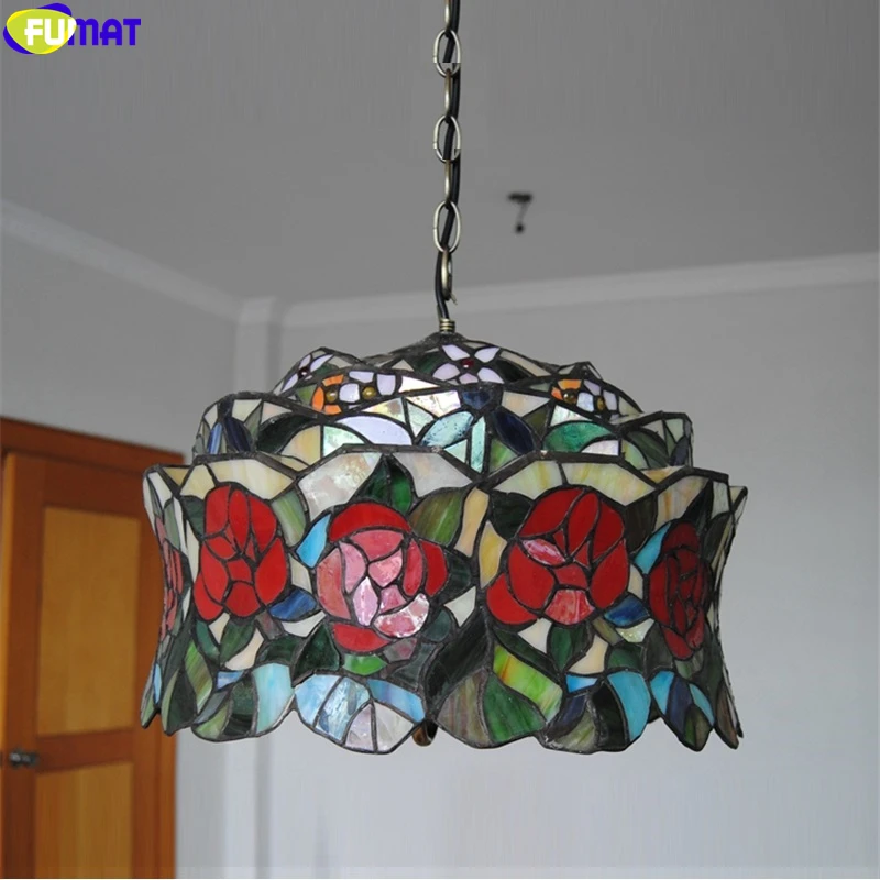 FUMAT Tiffany Style Pendant Lamp 3D Solid  Red Rose Stained Glass Cap Light Handcraft Arts Hanging Lights Fixture Home Decor 16