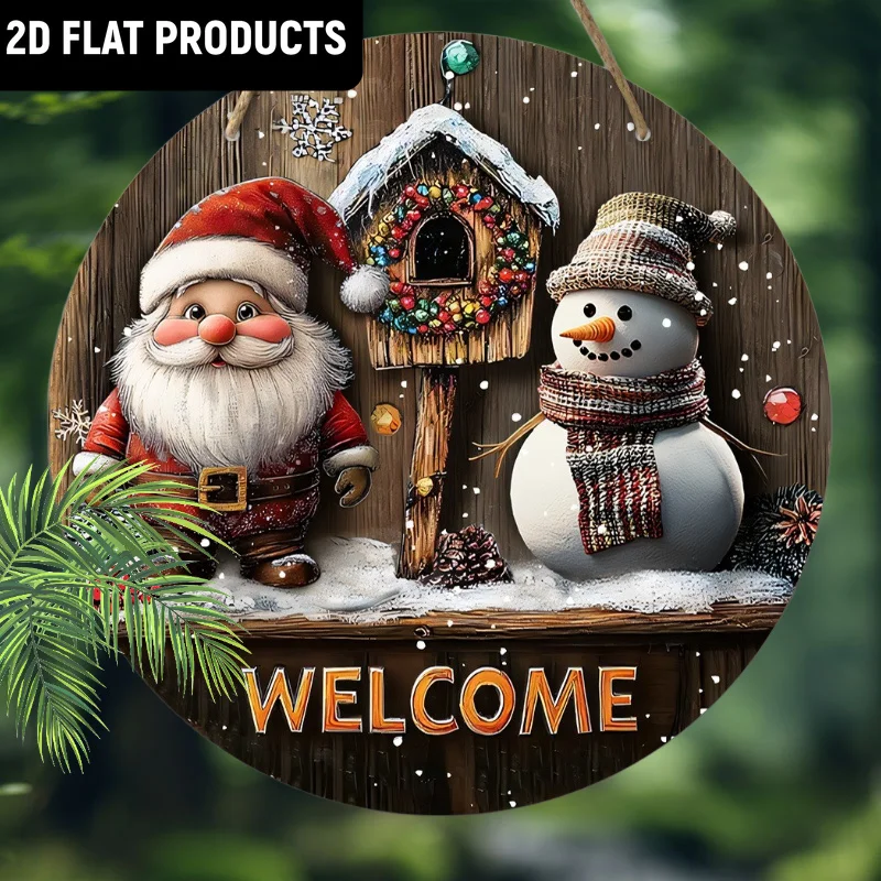 1pc Festive 2D Flat Christmas Welcome Sign - Santa Claus, Snowman, Mailbox & Wreath Design - Wooden Round Decor for Home, Bar, C