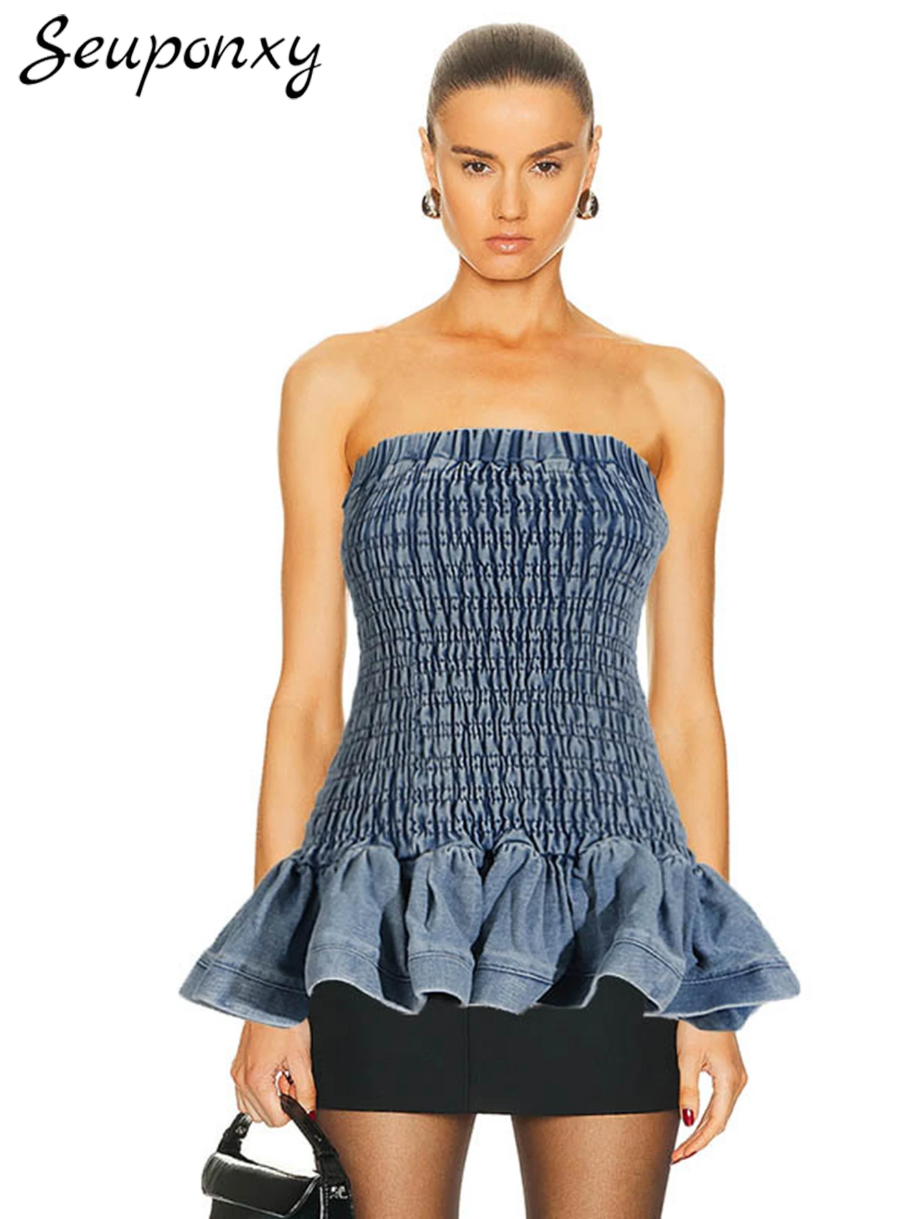 

High Quality Sexy Strapless Backless Fashion Solid Color Denim Top 2024 Summer New Women'S Ruffled Celebrity Party Slim Fit Vest