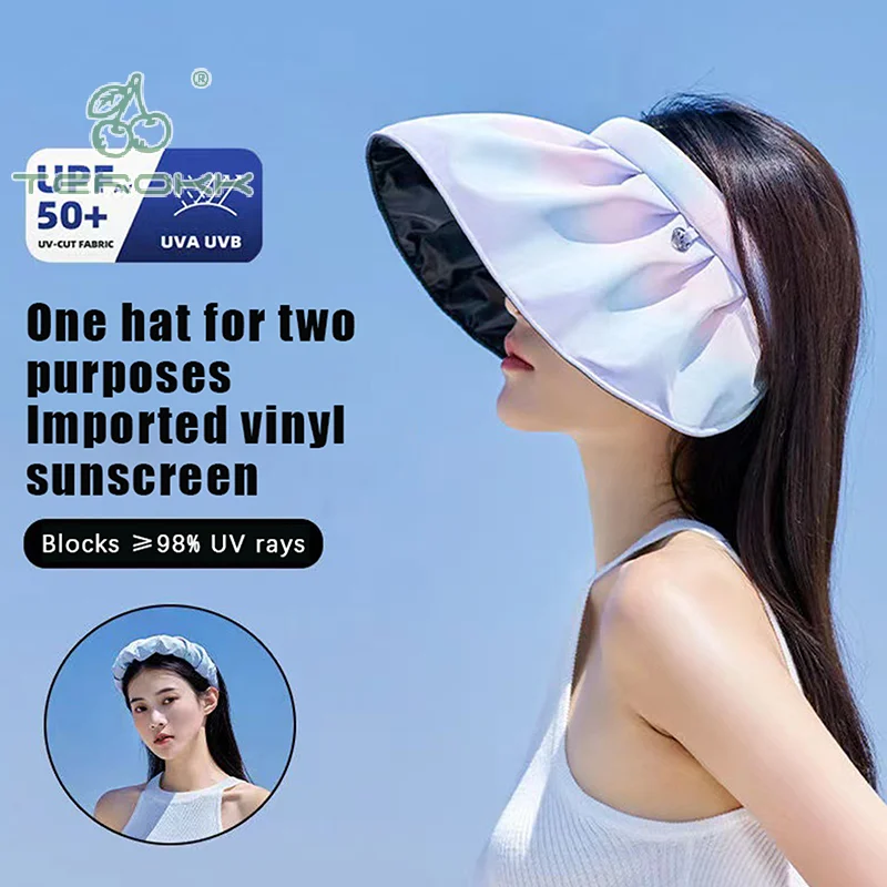 Women Wide Brim Gradient Color Sun Visors Hat Empty Top Shell Cap Beach Hats Exquisite Summer Travel UV Protection Sun Hat