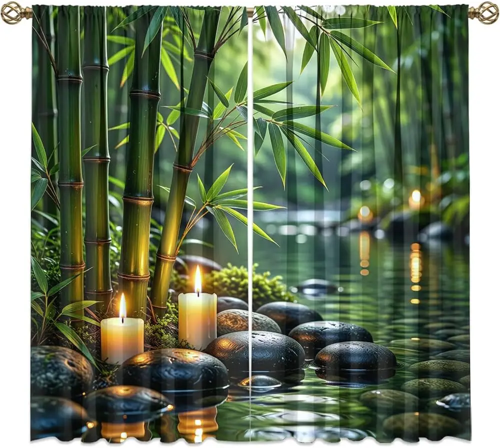 Relaxing Asian Zen Spa Rod Pocket Curtains-Aesthetics Spring Garden Bamboo Candles Blackout Curtains & Drapes for Bedroom,2pcs