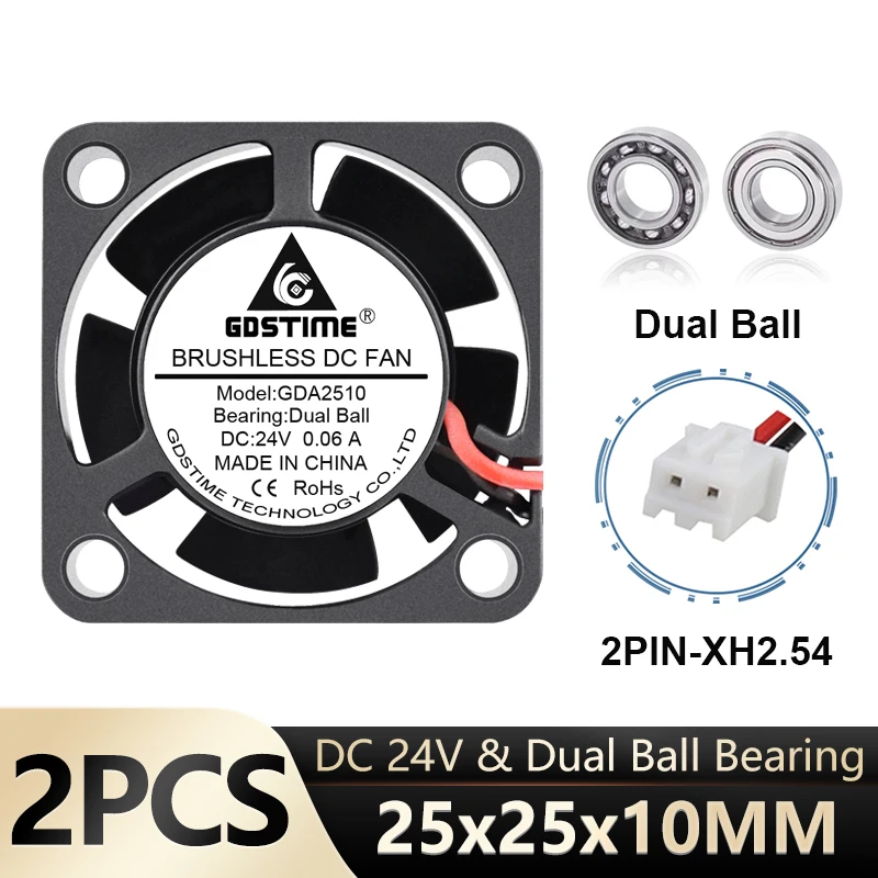 2 szt. Gdstime 2510 Wentylator DC Chłodzący 24V 12V 5V Kulowy/Wkładowy Mini Wentylator Chłodzący 25mm Wentylator Radiatorowy 2Pin Mini Wentylator PC Wentylator Elektryczny Odśrodkowy