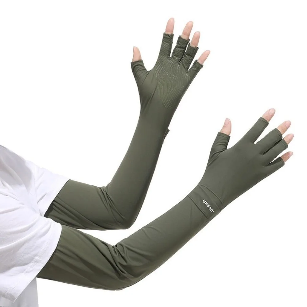 Breathable Solid Color Long Sleeve Non-slip Sun Protection Ice Silk Arm Sleeve Cooling Flip Sunscreen Sleeve Gloves Cycling