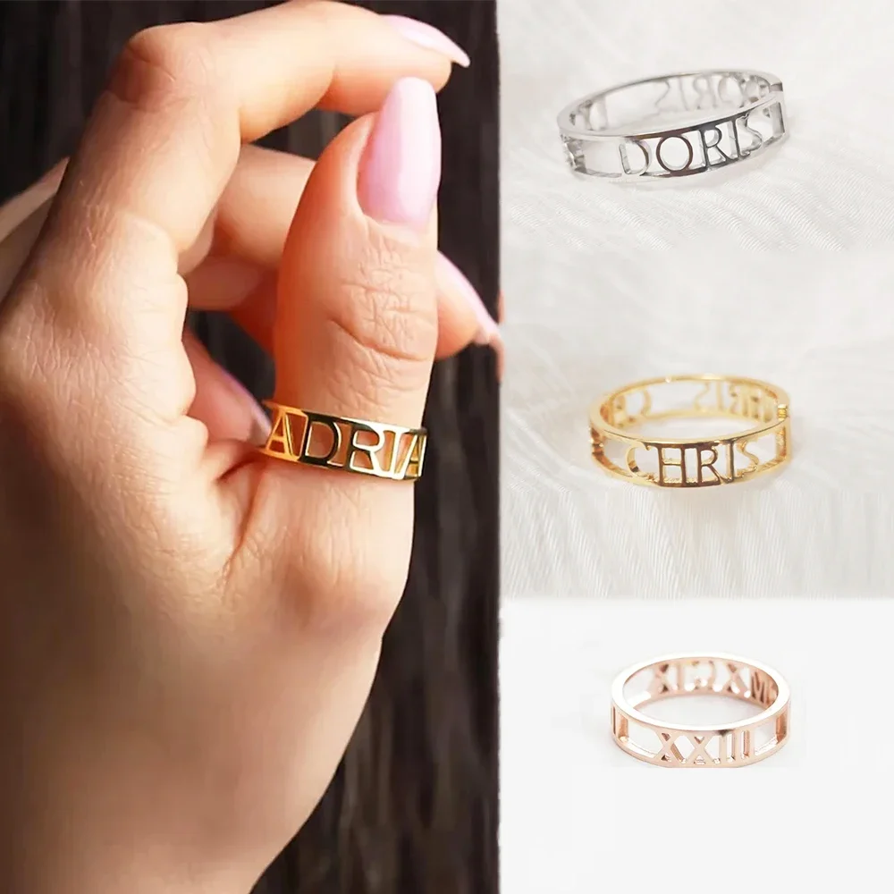 Personalized Custom Letter Name Open Ring Hollow Stainless Steel Adjustable Wedding Rings for Women Jewelry Valentine's Day Gift