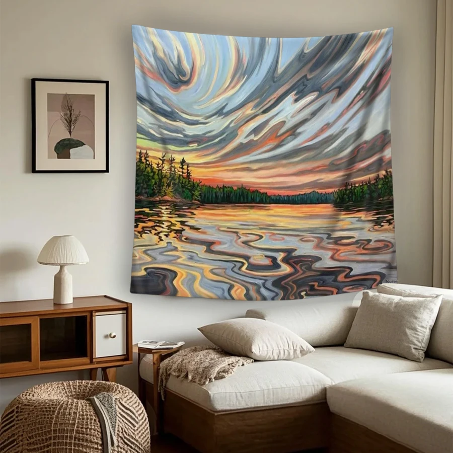 1PC Sunset Lake Art Print Backdrop Banner, Bedroom Living Room Photo Background, Polyester, Home Decor, Wall Art