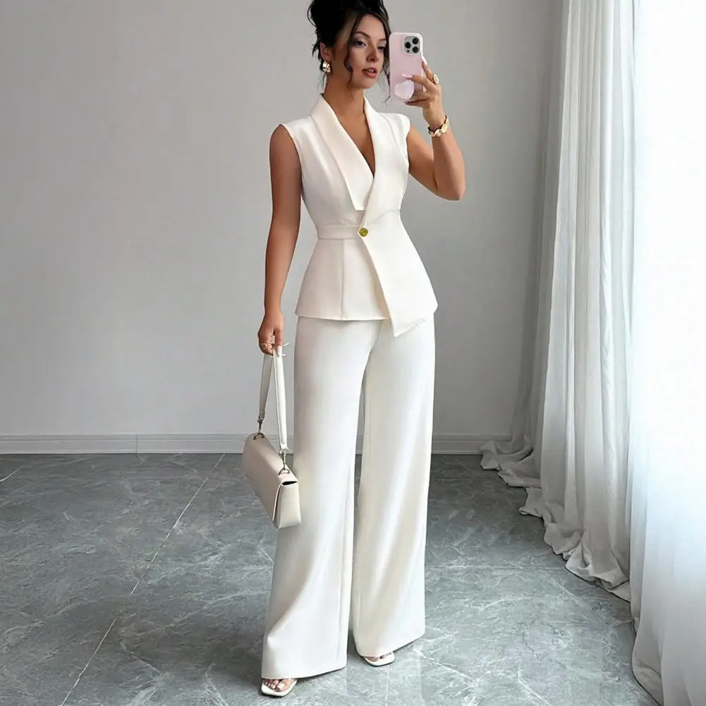 2-teiliges Business-Outfit für Damen, lässig, ärmellos, Blazer, Weste, weites Bein, Hosenanzug-Set, elegantes Büro-Arbeitsset