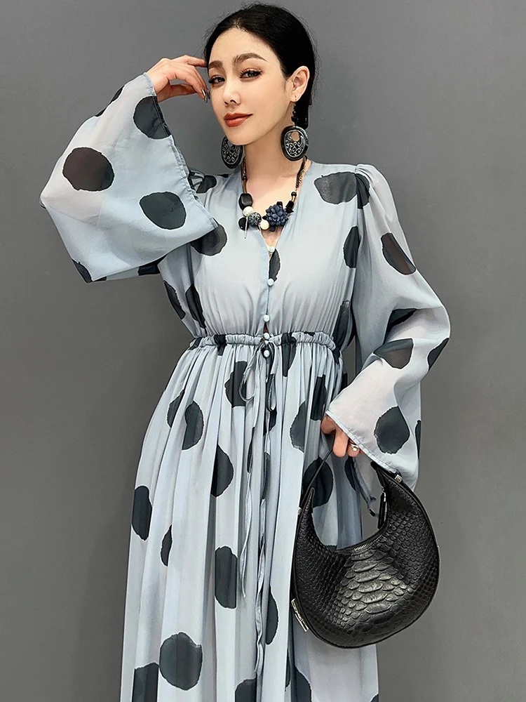 SHENGPALAE 2024 Spring Summer New Chiffon Printed Polka Dot Jumpsuit V-neck Long Sleeved Wide Leg Skirt Pants Women\'s Elegance