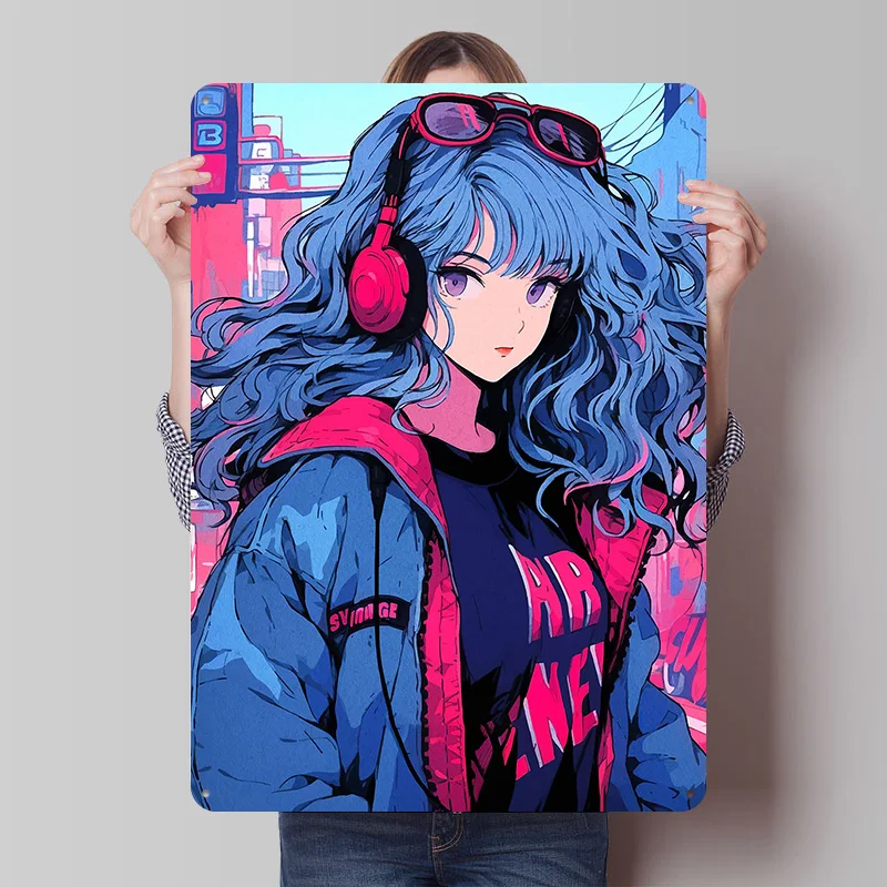 

Металлическая табличка с изображением девушки с синими волосами и наушниками, винтажный постер, ретро-декор для офиса