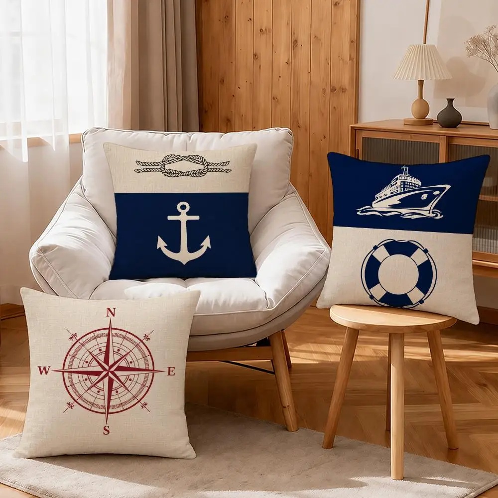 Vintage Nautical Pattern Cushion Cover Linen Anti‑mite Antibacterial Cushion Cover Invisible Zipper for Couch Living Room