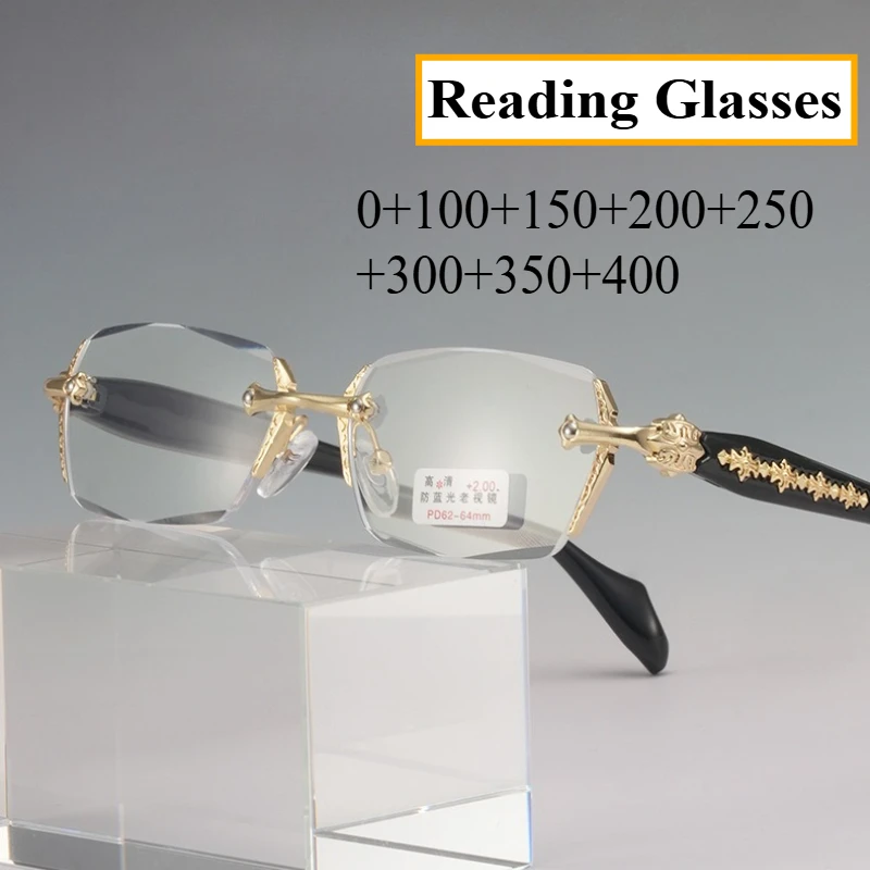 New Retro Frameless Ultra Light Women Men Reading Glasses Blocking Blue Light Computer Presbyopia Eyewear Eyeglasses +1.0..+4.0