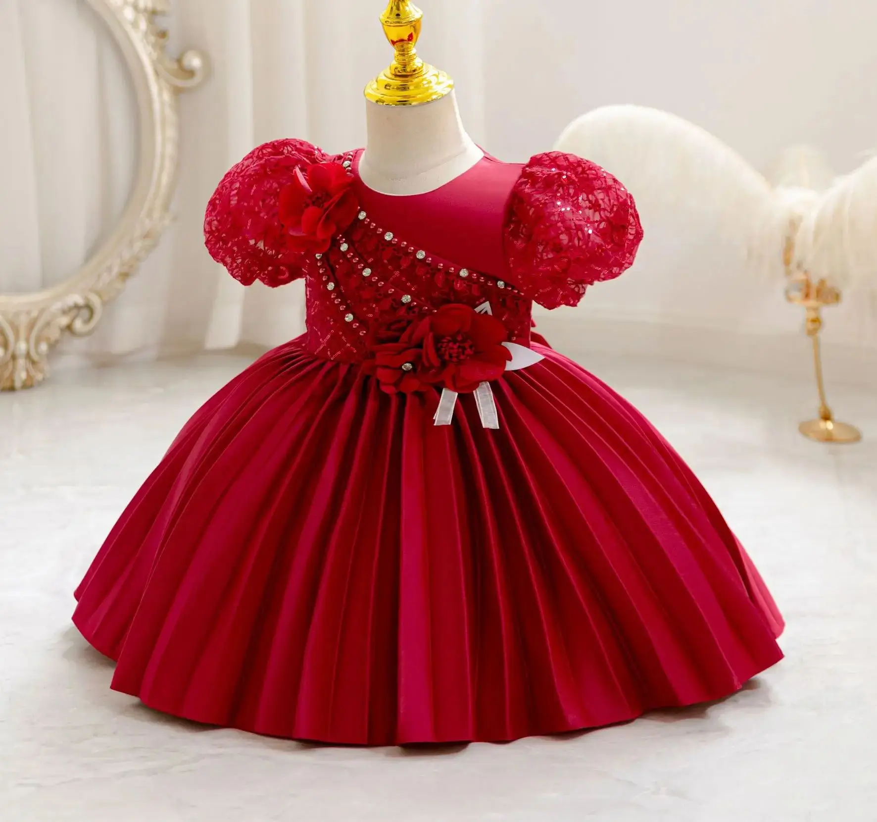 Kid Party Dress for Occasions Flower Girl Pleated Dresses Children White Clothes 1- 5 Years