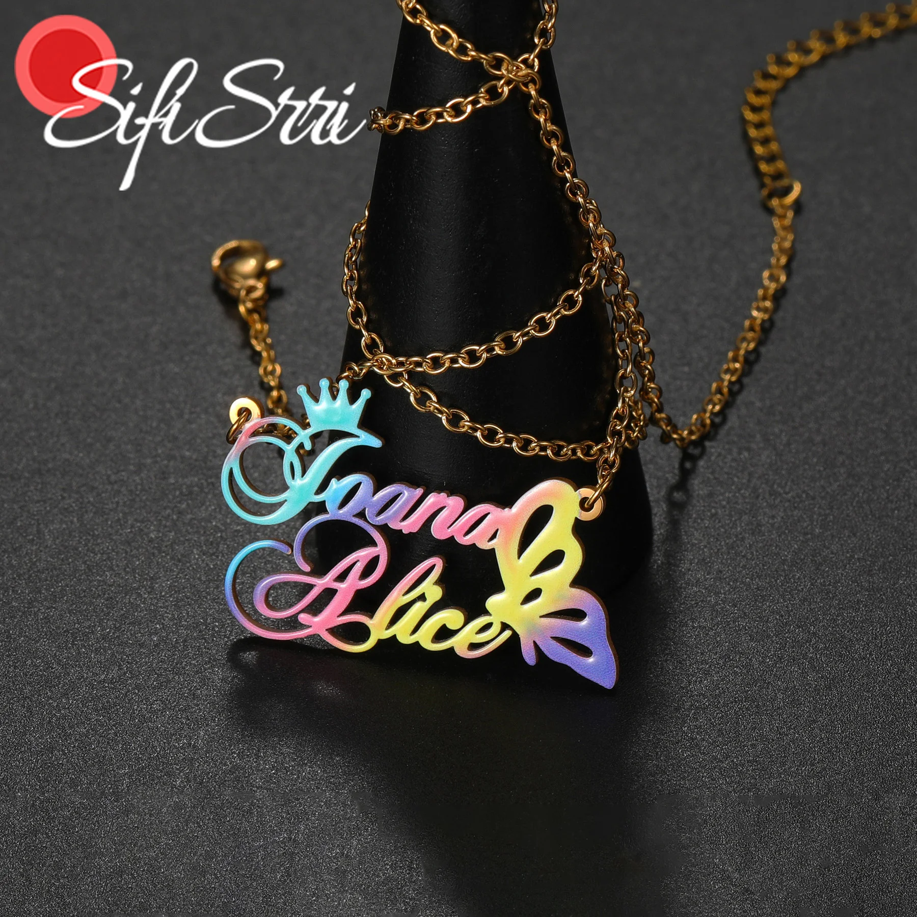 Sifisrri Custom Name Necklace for Women UV Color Print Crown Butterfly Chain Stainless Steel Jewelry Personalized Christmas Gift
