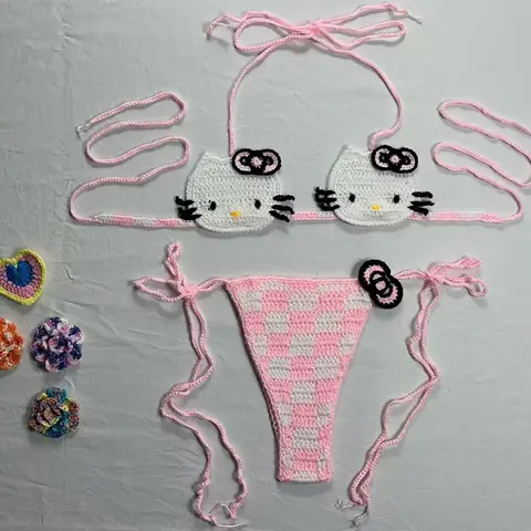 Hello Kittys Bikini Set Lady's Cartoon Bathing Suit Sexy Micro Bikinis Fashion Ties Swimsuit Thong Swimwear Women Swimming Suit