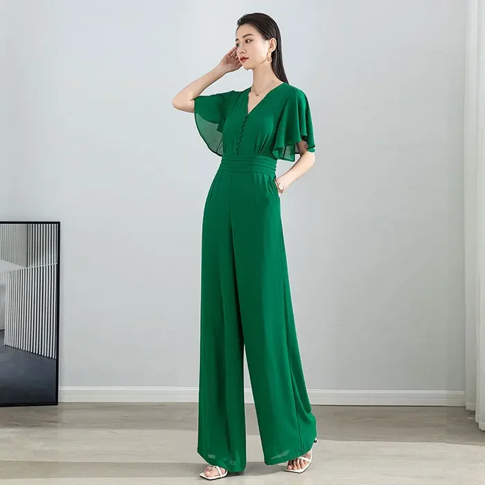 2023 Summer New Jumpsuit Green Ruffled V-neck Slim Fit Slimming Fashion Wide Leg Pants Office Lady Elegant Straight-Leg Trousers