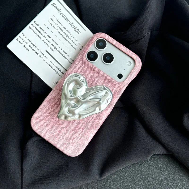 

Advanced Pink Cowboy Pattern Wrinkled Silver Love Heart With Holder Shock Proof Phone Cover Case for iPhone 17 16 15 14 Pro Max
