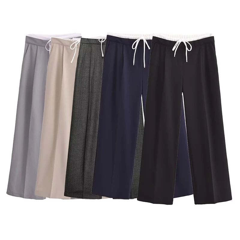 Pantalones de pierna ancha de doble cintura para mujer, ropa de oficina, pantalones casuales, moda