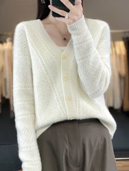 Elegant Basic Women V-neck Cardigan 100% Merino Wool Sweater Spring Autumn Loose Thick Soft Cashmere Knitwear Popular Clothing