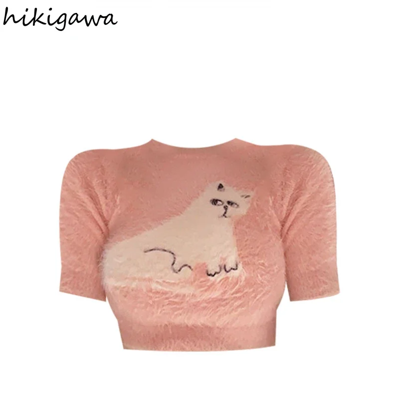 Knitwear Cropped Pullovers Women\'s Clothing O-neck Short Sleeve Cat Print Jumper Pull Femme Sweet Pink Knitted Sweater Y2k Tops