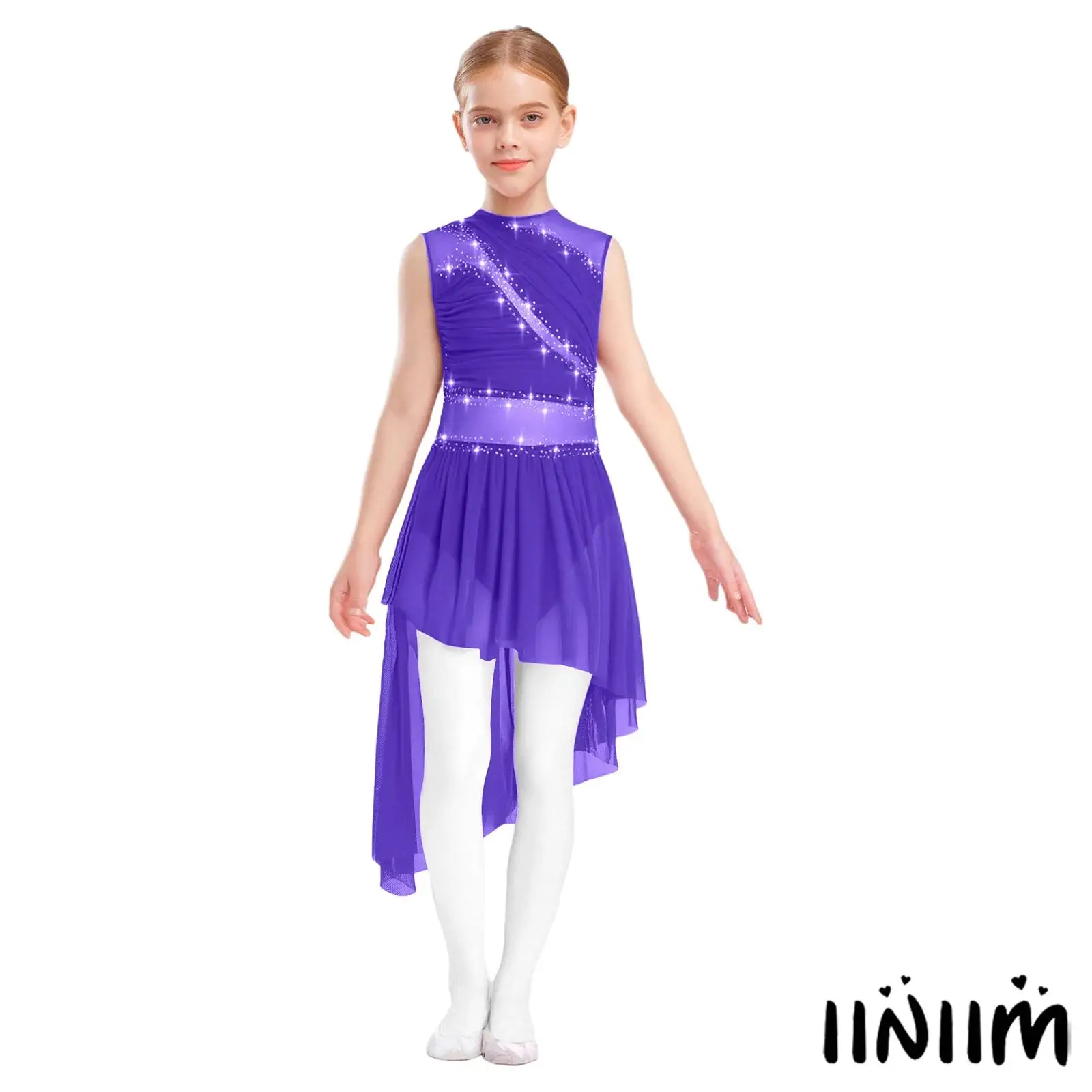 

Kids Girls Lyrical Dance Dress Open Back Shiny Rhinestone Sleeveless Asymmetrical Hem with Built-in Briefs for Stage Performance