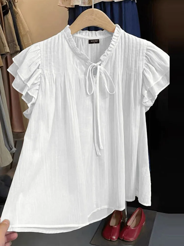 

VONDA модная блузка женская летняя однотонная рубашка с коротким рукавом 2025 с рюшами повязка повседневная туника топ свободный корейский Blusas Femininas