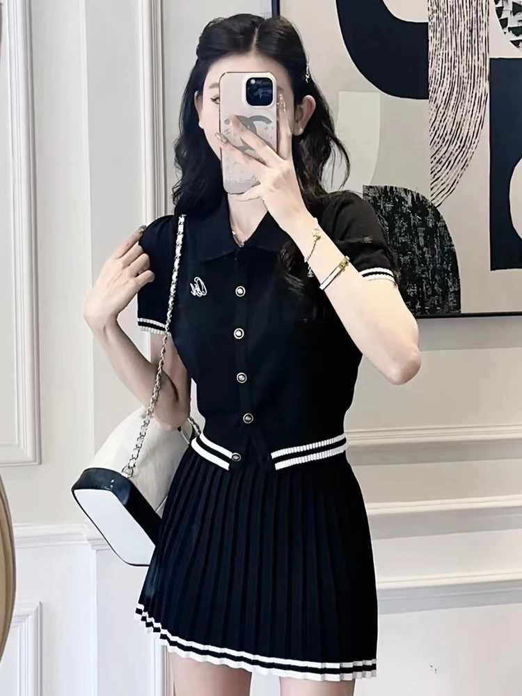 New Korea Fashion Stripe Knitted Suits Women Short Sleeves Top + Pleated A Line Skirt Summer Casual Streetwear Two Pieces Sets