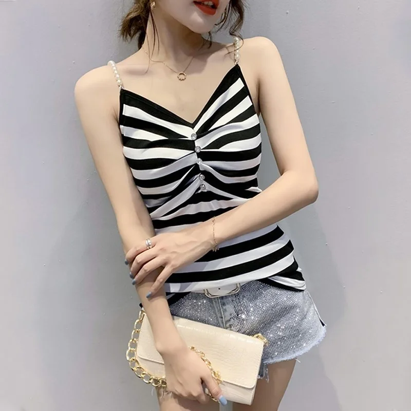 

#4521 Black White Striped Summer Tops For Women Buttons V-neck Sexy Tight Off Shoulder Top Tight Crop Top Tank Tops