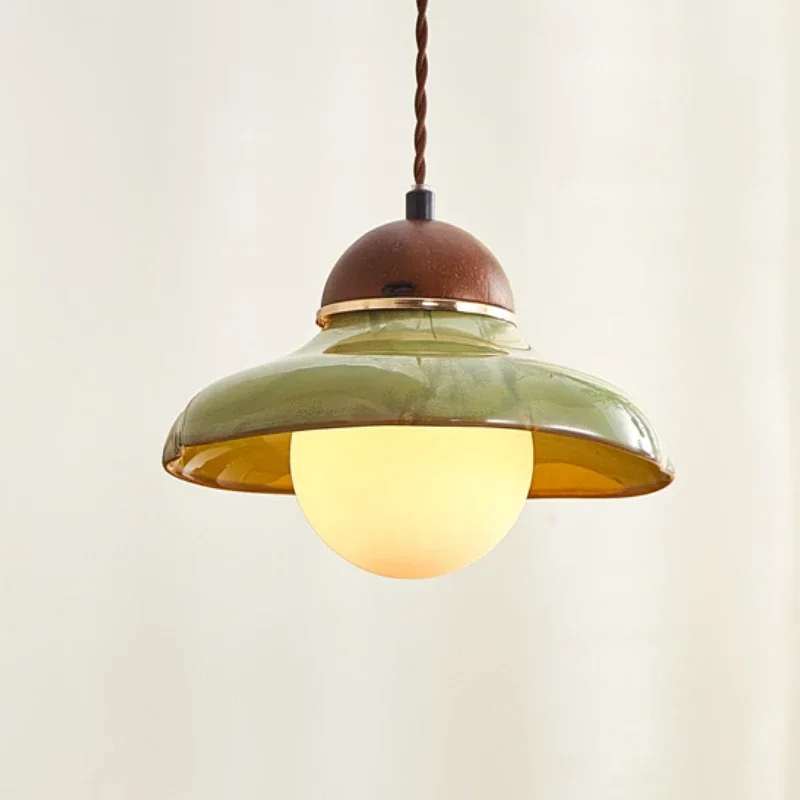 Lámpara colgante LED de madera y cerámica verde en forma de cuenco Bauhaus moderna, colgante para comedor y dormitorio, accesorio de decoración interior para el hogar G9