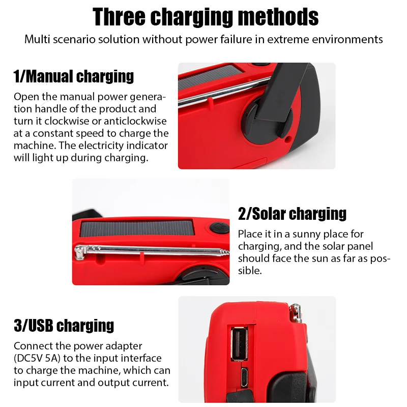 متعددة الوظائف المحمولة كرنك اليد توليد الطاقة راديو الطوارئ الشمسية مصباح ليد جيب الوقاية من الكوارث FM NOAA قوة البنك #5