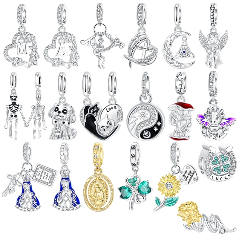 Original Charms Bead 925 Sterling Silver Halloween Black and White Cat Skeleton Pendants Fit Bracelet Jewelry Gift Marking