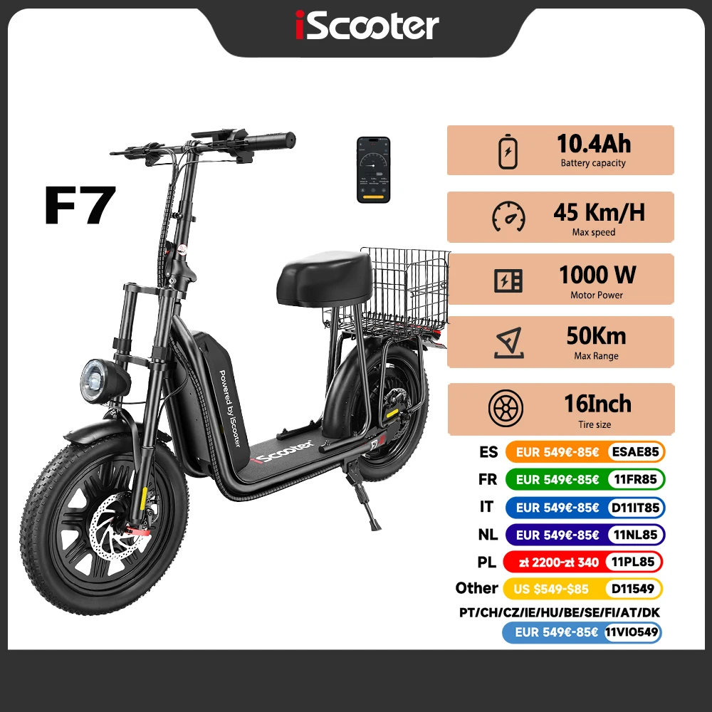iScooter F7 1000W Electric Scooter  45km/h Speed 50km Range App Control 16