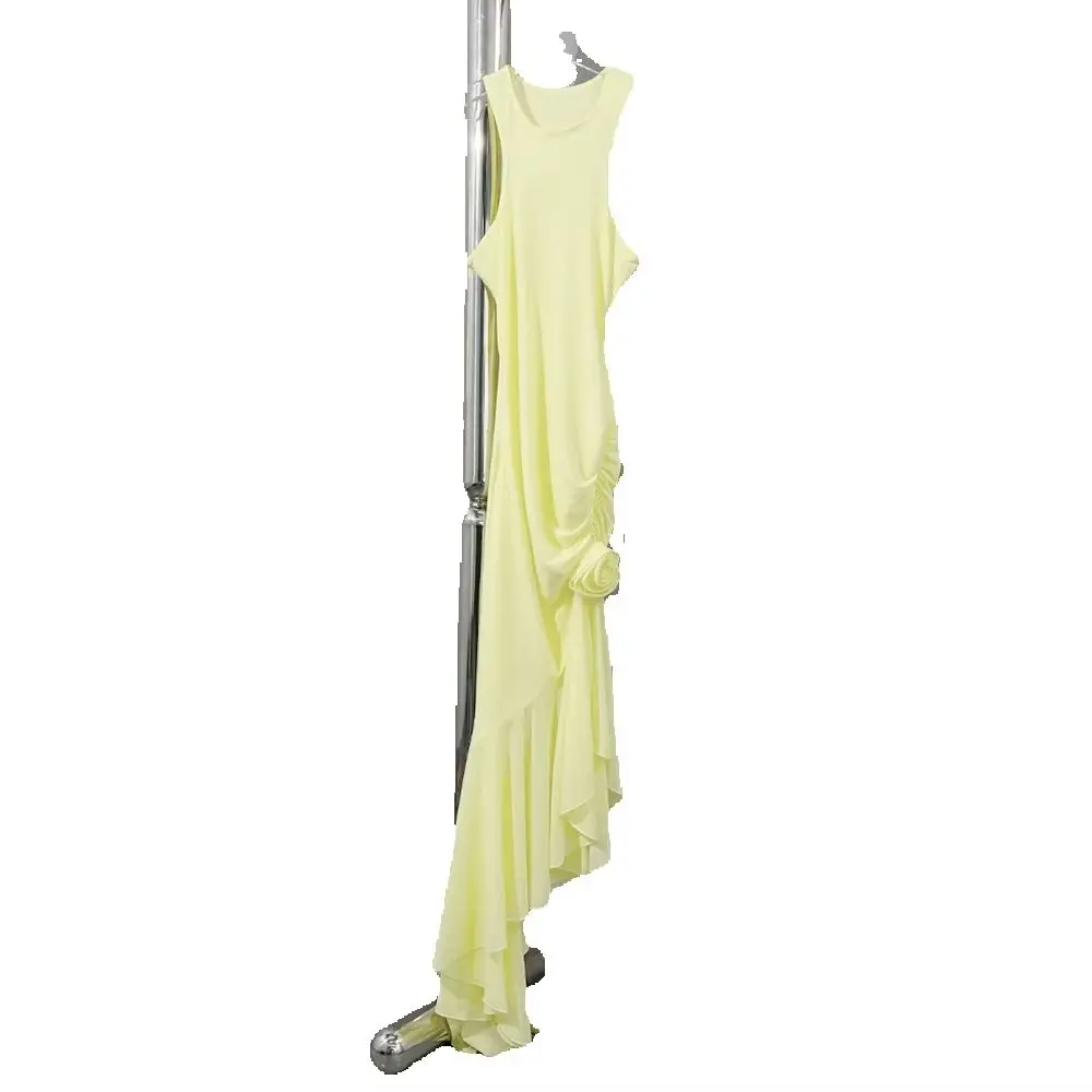 

Sleeveless Maxi Dress For Women 3D Flower Ruched Irregular Hem Bodycon Party Evening Dresses Summer Elegant Beach Long Dress