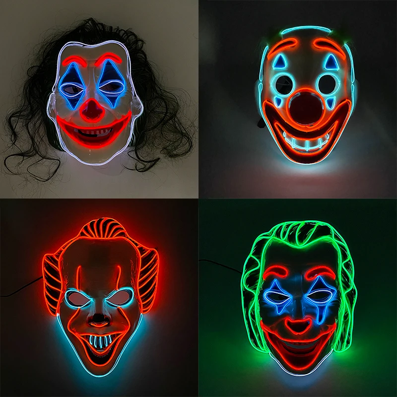 

LED Clown Mask Scary Theme Mask Spooky Cosplay Clown Costume Props Glowing Funny Mask For Men Green Haired Clown Mask Red Mask