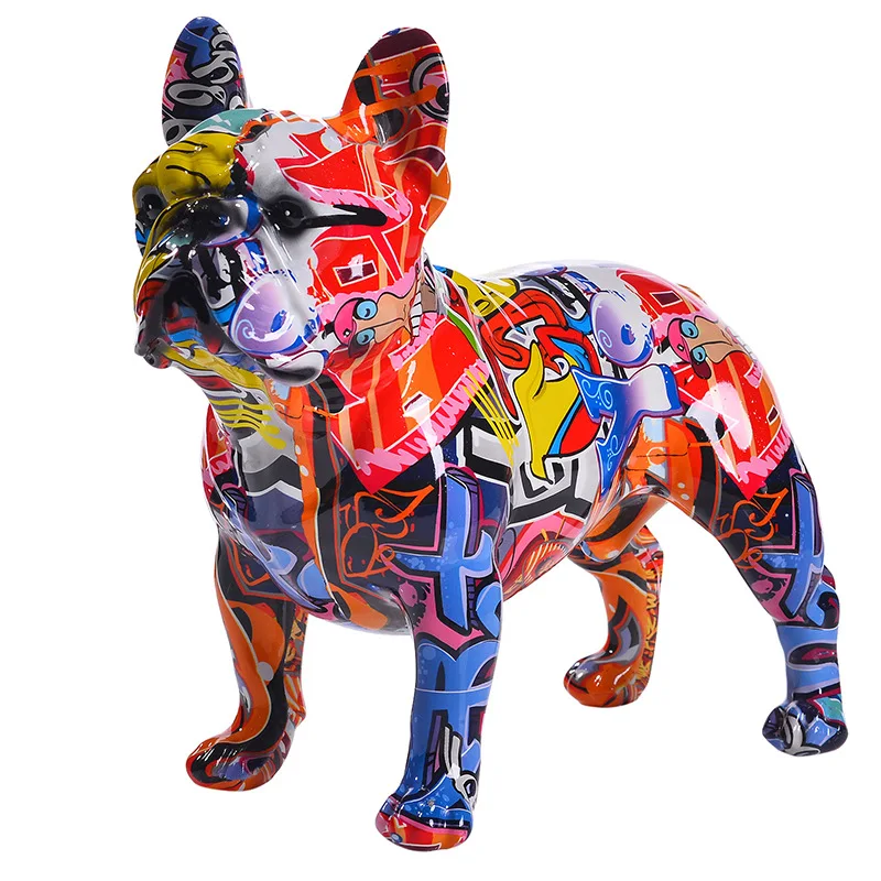 Bunte Französische Bulldogge Figur aus Kunstharz, Hundestatue, Dekoration, Haustier-Hund, Graffiti-Kunsthandwerk, Tierskulptur für den Schreibtisch, Ornament – Detail 6