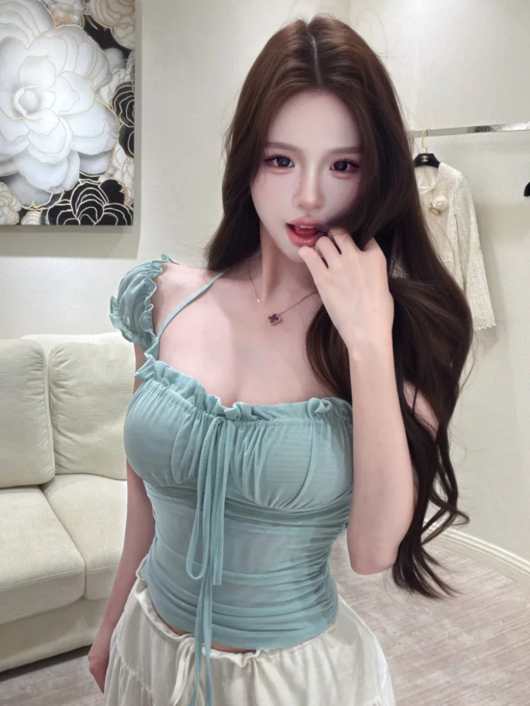 

Low Cut Sexy Strap Vest Women Summer Slim Fit Short Sleeve Mesh Gathered Waist Top Pure Desire Style Fashion Sweet Bows