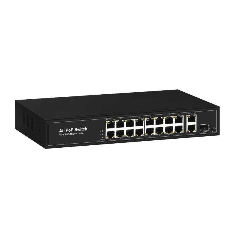 Non managed BT PoE switch, 1 * COMBO+1 * 1000M RJ45 Ports+16 * 100M POE Ports 1-2 ports support IEEE802.3af/at/BT PoE standard