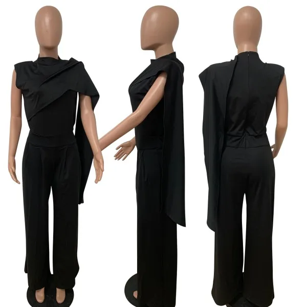 Sexy  Color round Ne oulder Cover Jumpsuit Women's Summer Faion Street Sle l Waist Long Straight Leg Pants