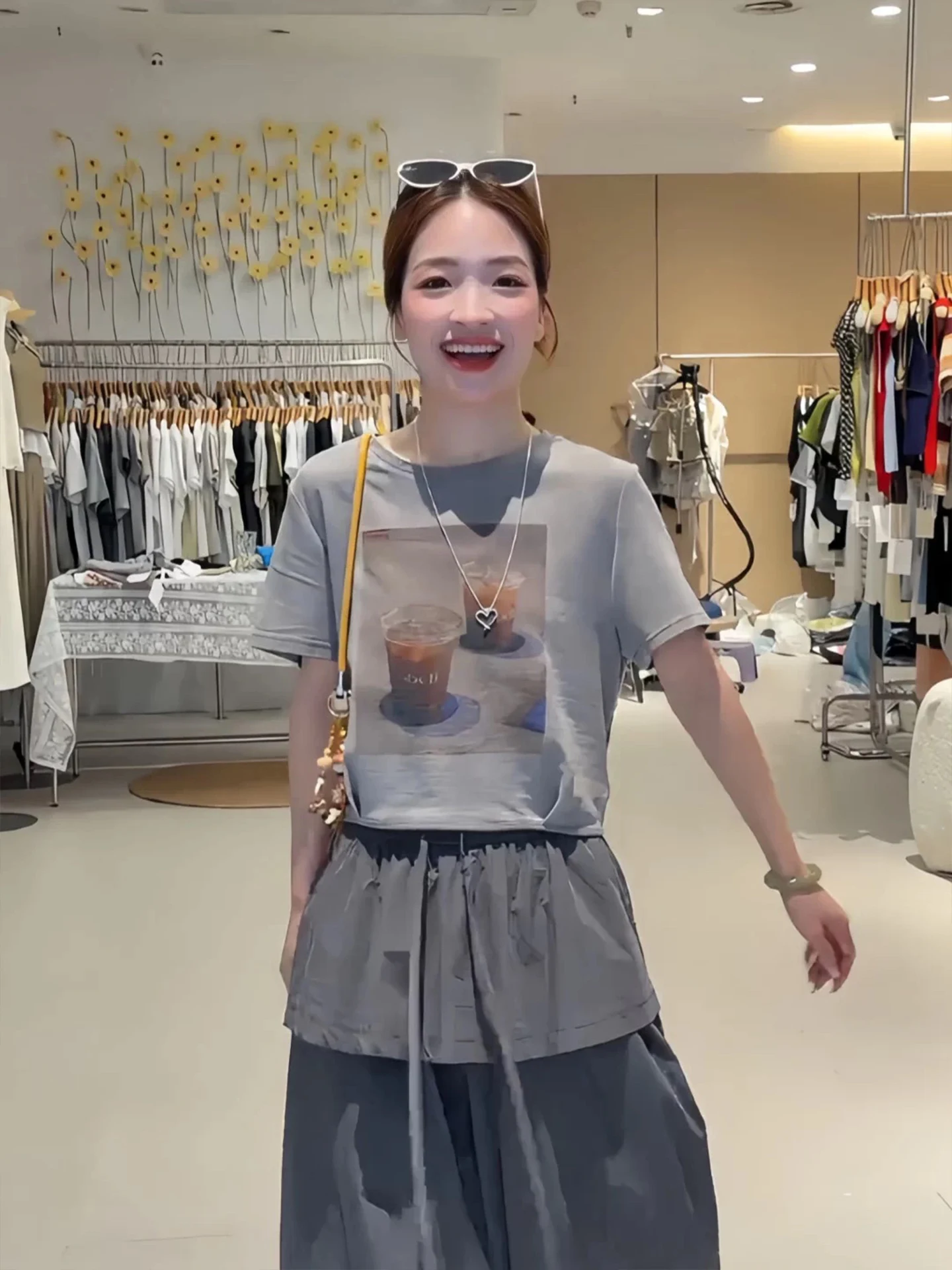 Retro Style Casual Coffee Cup Print Short Sleeve T-Shirt Women's Summer New Back Strap Simple Match Loose Cotton round Neck