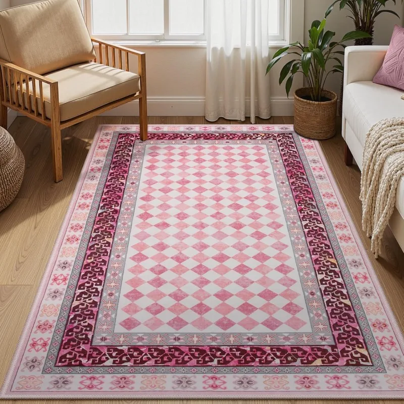 

Plaid Pink Plaid Bedroom Bedside Carpet Foldable Machine Washable Living Room Rug Low Pile Cloakroom Floor Mats Ковер Tapis 러그