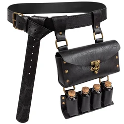 6PCS Medieval Brown Vintage Fantasy Wizard Waist Pouch Belt Bag With 4 Cork Potion Vials For Halloween Cosplay Accessories