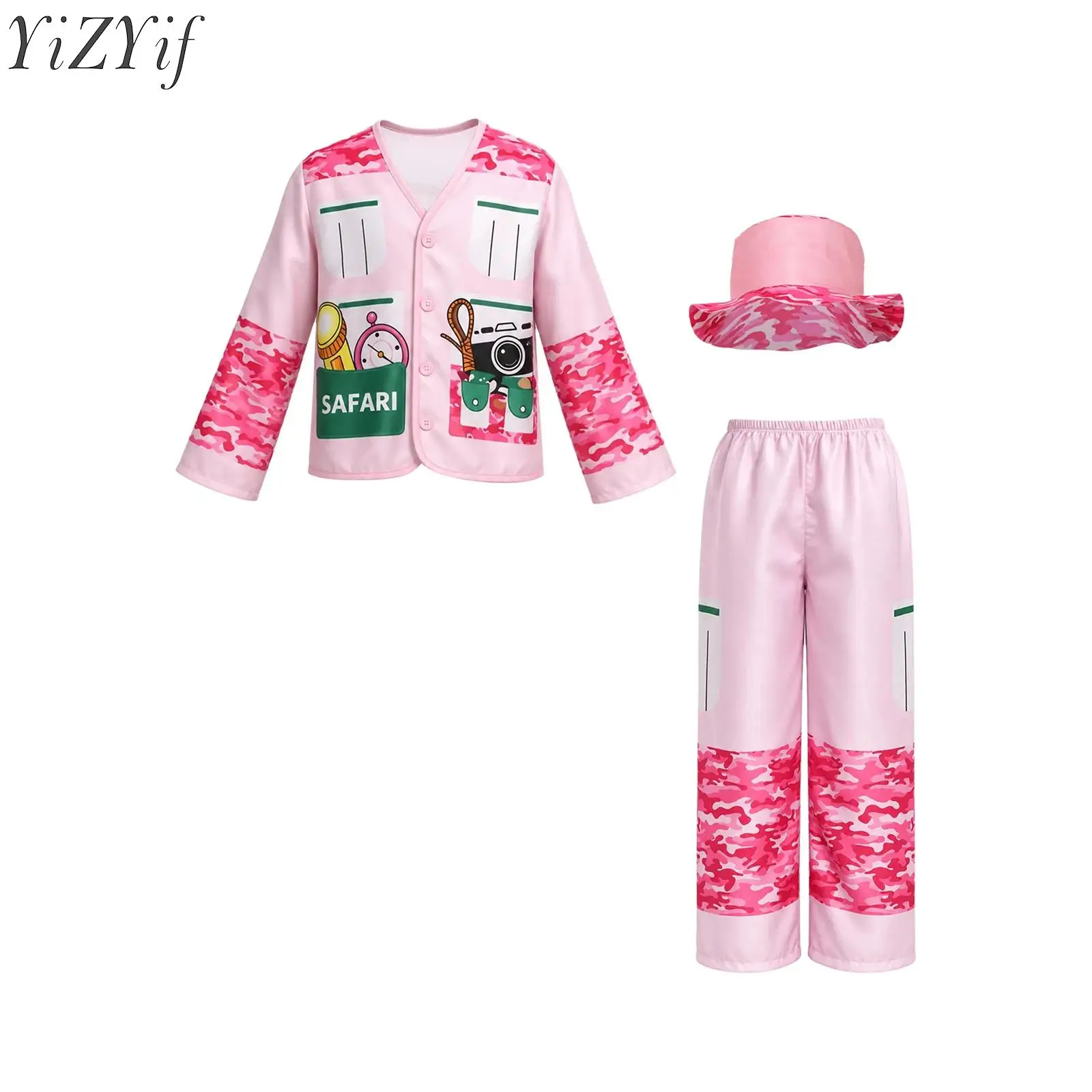 Kids Girls Jungle Explorer Cosplay Costume Halloween Roleplay Sets Camouflage Printed Outfit Long Sleeve Top with Pants and Hat