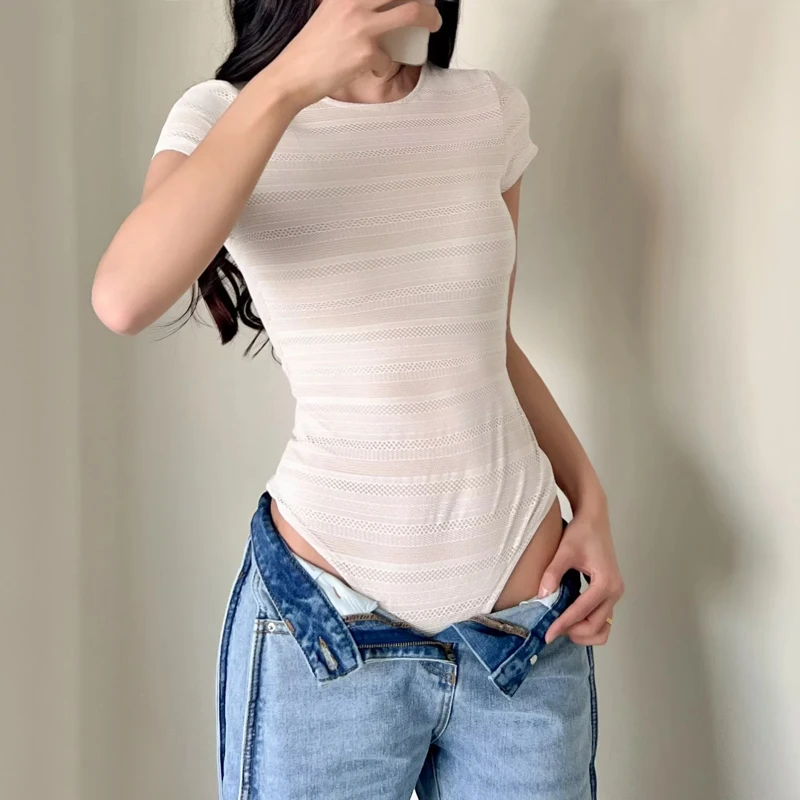Women's Crew Neck Short Sleeve Lace Bodysuit