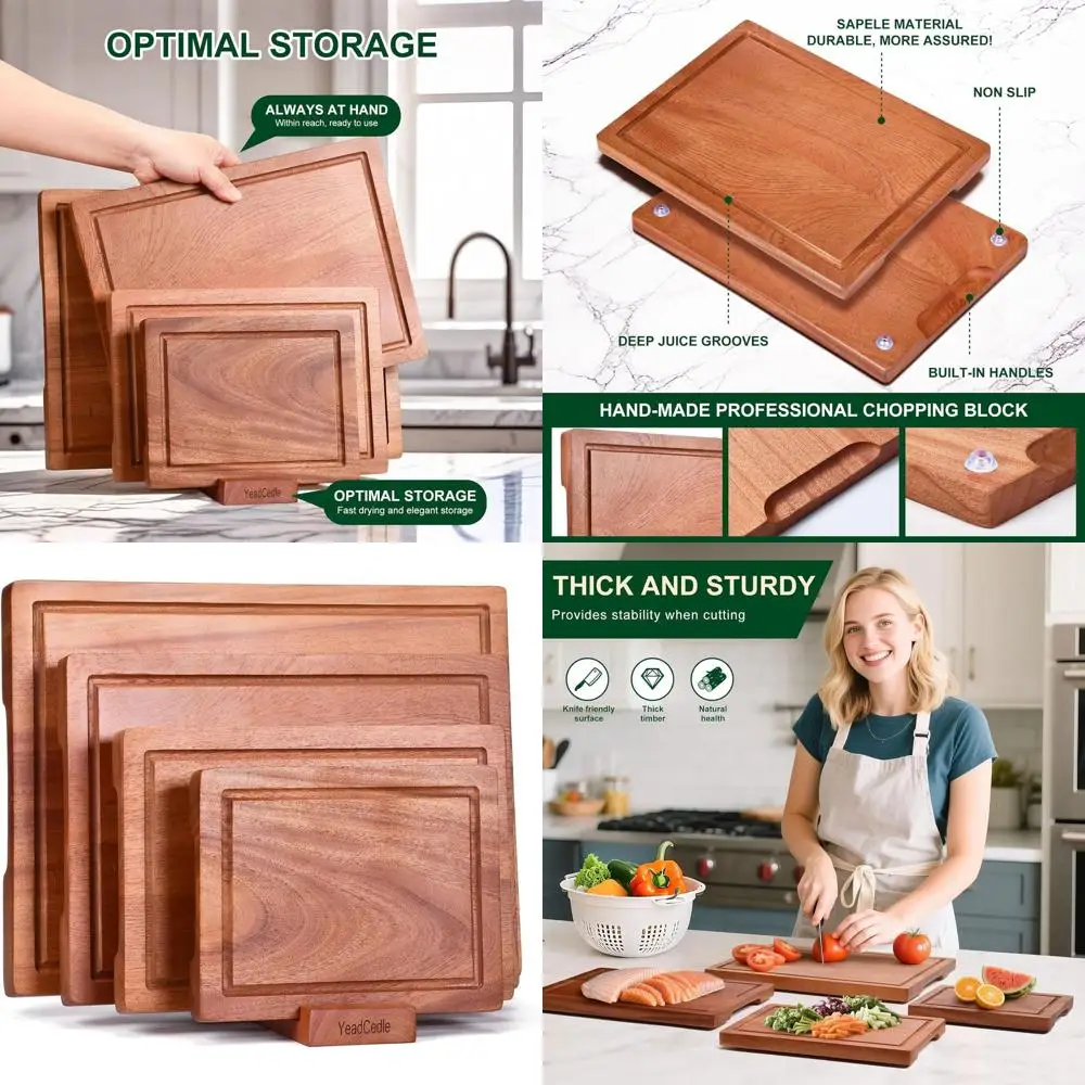 

Set of 4 Non-Toxic Sapele Wood Cutting Boards with Holder, Large Size Options (9x7 to 16x12 In), Ideal for Kitchen Prep of Meat,