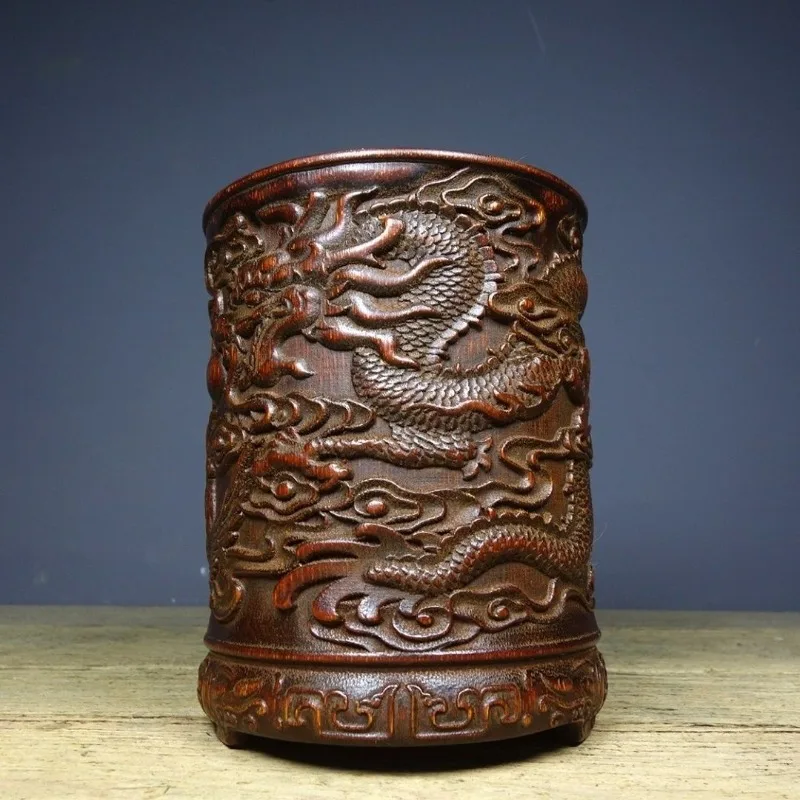 Antique Bamboo Carved Dragon Cloud Brush Pot Vintage Relief Dragon Pattern Pen Holder Oriental Study Desk Decor Ornament