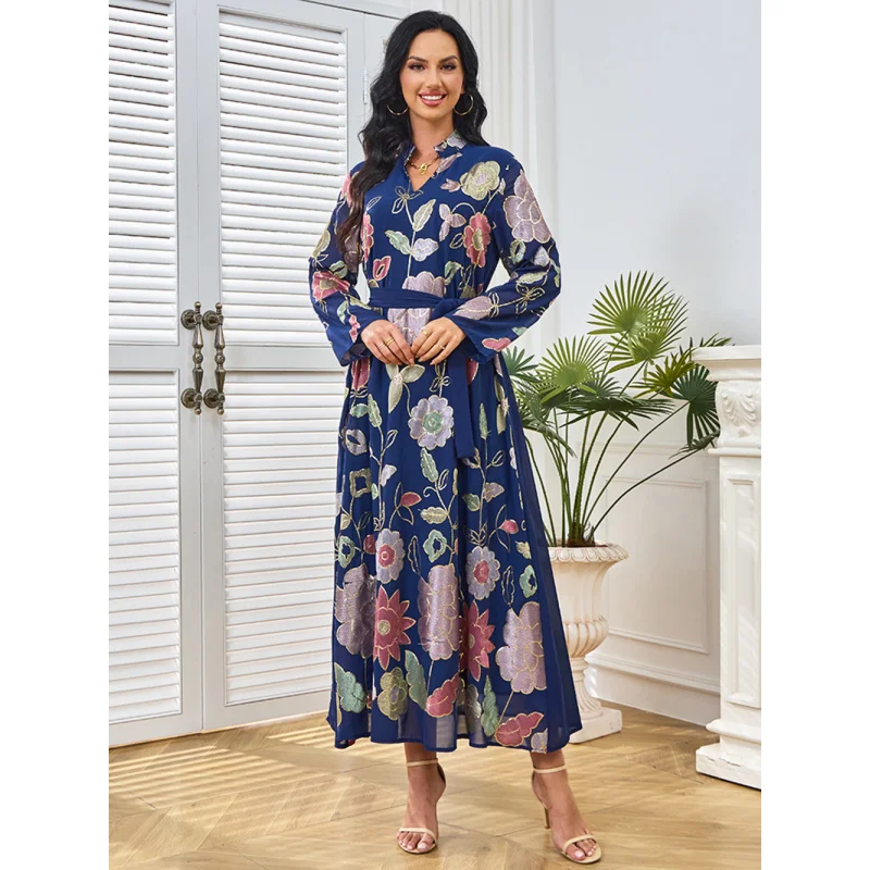 

216 Middle Eastern Women's Clothing Libya Ethnic Style Embroidered Sequin Floral Pattern Fashion Long Robe Dress Wome