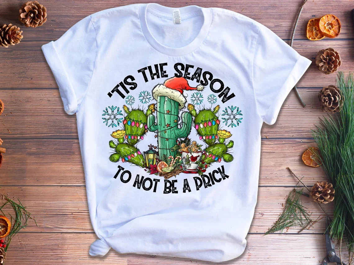 Lovely Cactus Elf Squad Graphic Print T Shirt Women Merry Christmas Tis The Season Tshirt Femme Short Sleeve T-Shirt Female