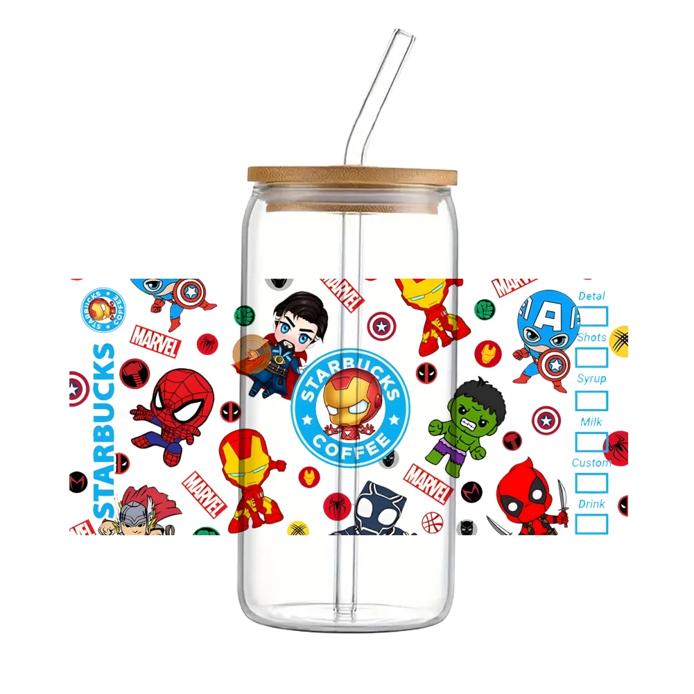 Disney Cartoon Marvel Hero Pattern UV DTF Transfer Sticker Waterproof Transfers Decals For 16oz Glass Cup Wrap Stickers