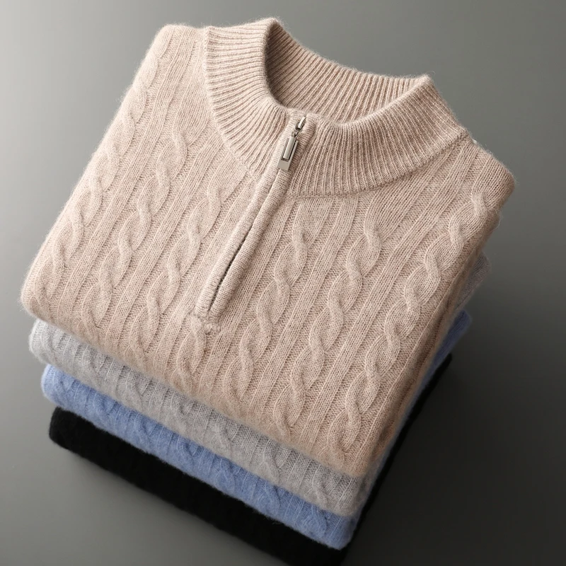 

100% GOAT CASHMERE Knitted Pullover Winter Thickened Men Sweaters Zipper Neck Soft Warmer Full Sleeve Jumpers Male Clothes