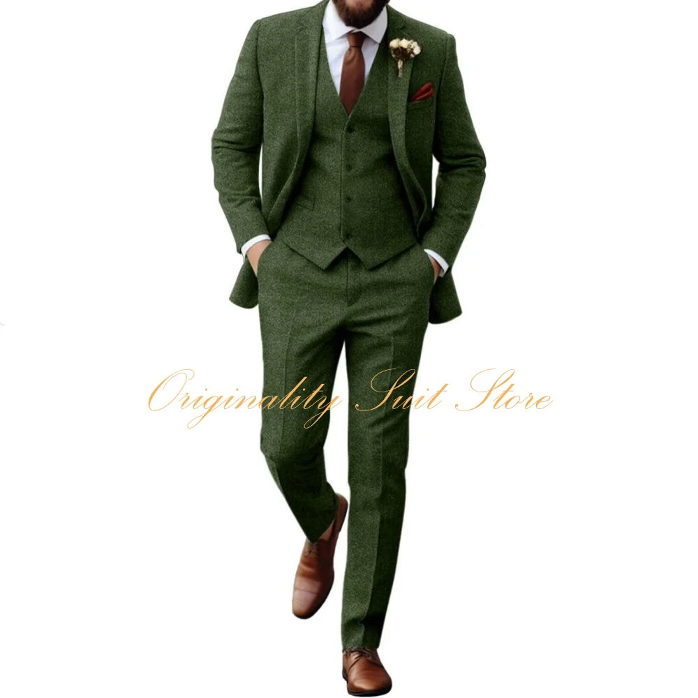 Setelan Jas Herringbone Tweed Retro untuk Pria, Slim Fit, Tuxedo Pengantin 3 Potong (Jaket, Rompi, Celana), Setelan Jas untuk Pernikahan/Pesta