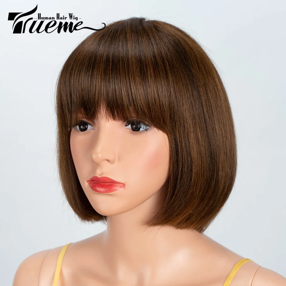 Trueme 180% Bone Straight Bob Wig Human Hair Wigs For Woman Short Highlight Brown Burgundy Brazilian Human Hair Wig With Bangs